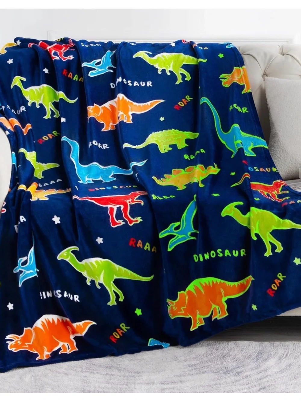 Kids Navy Blue Dinosaur Pajama Blanket - Vibrant Multi-Color Dinosaurs NWT
